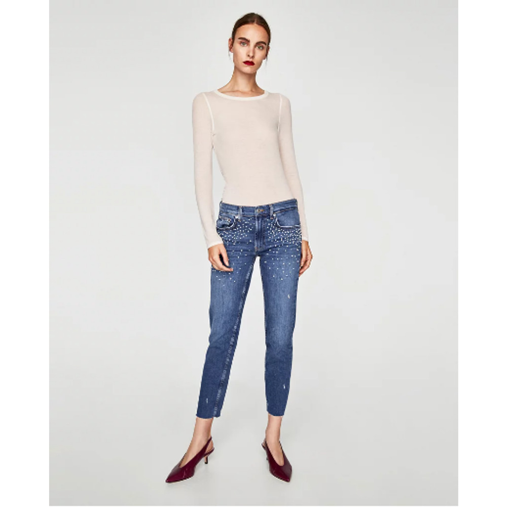 Zara Pearl Beaded Embellished Slim Boyfriend Denim Jeans